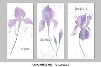 Vector watercolor triptych with purple irises and splashes. European size card