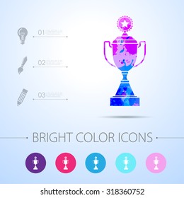Vector watercolor trophy goblet icon with infographic elements. Winner award 