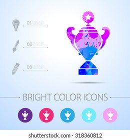 Vector watercolor trophy goblet icon with infographic elements . Winner award 