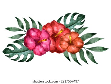 tropischer Blumenstrauß mit roten und rosafarbenen Rosenhibiskusblumen und Palmenblättern in Vektorwasserfarbe. Exotische hawaiianische Zusammensetzung, Aloha-Druck