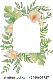 Vector Watercolor tropical  frame with pink flowers, monstera, palm leaves. Template space for text. Greeting cards, invitation, gender party, baby shower, birthday, event, holiday, wedding card.
