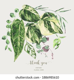 Vector watercolor tropical green leaves. Monstera Variegated greenery illustration, botanical greeting card.