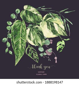 Vector watercolor tropical green leaves. Monstera Variegated greenery illustration, botanical greeting card.