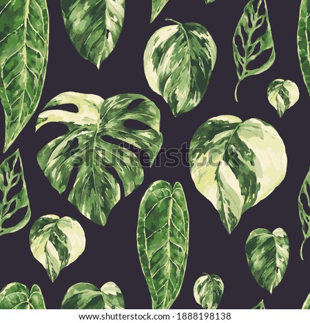 Vector watercolor tropical green leaves. Monstera Variegated greenery illustration, botanical greeting card.