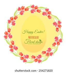 Vector Watercolor Tulips, egg silhouette, wreath border of spring flowers for Easter card.