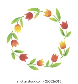 Vector Watercolor Tulips, wreath of spring flowers for card, invitation, congratulation. Cute wreath made of hand drawn flowers. Vector illustration.
