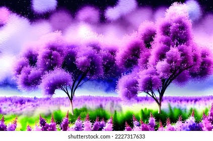 Vector, acuarela de dos árboles, arbusto de flores de lilo , ilustración botánica de belleza, color púrpura, azul, verde