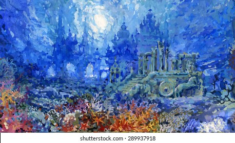 Vector of watercolor of underwater Fariyland. Magic palaces, ruins of ancient temple beautiful corals. Sun shining throaut water. Atlantis