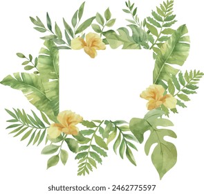 Vector Watercolor unique frame with yellow flowers, monstera, palm leaves. Template space for text. Greeting cards, invitation, gender party, baby shower, birthday, event, holiday, wedding card, print