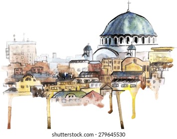 Vector watercolor urban illustration of Belgrade, Serbia