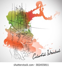 Vector watercolor urban illustration tower in Istanbul, Turkey. Hand drawn watercolor cityscape with a famous turkish landmark.