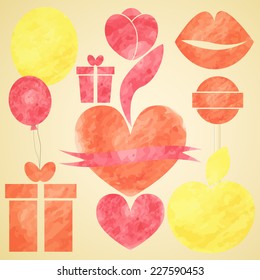 Vector watercolor valentine card element set retro style with a heart symbol, lips, balloon, present, apple, lolly-pop and ribbon