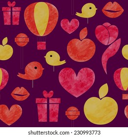 Vector watercolor valentine seamless pattern retro style with a heart symbol, lips, balloon, present, apple, lolly-pop and ribbon on a purple background