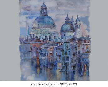 Vector of watercolor of Venice. Italy Grand Canal at night. Cathedral of Santa Maria della Salute.Reflection in the water.Evening city Travel background