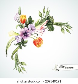 Vector Watercolor vintage bouquet.  Hand painting. Illustration for greeting cards, invitations, and other printing projects.