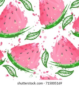 Vector watercolor watermelon and mint leaves seamless pattern. Summer vivid background