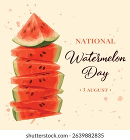 Vector watercolor watermelon slices with splashes and festive lettering “National Watermelon Day” – isolated illustration.
