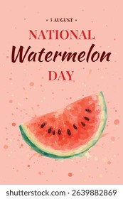 Vector watercolor watermelon slices with splashes and festive lettering “National Watermelon Day” – isolated illustration.
