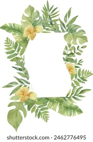 Vector Watercolor wave frame with yellow flowers, monstera, palm leaves. Template space for text. Greeting cards, invitation, gender party, baby shower, birthday, event, holiday, wedding card, print.