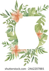 Vector Onda de acuarela marco tropical con hermosas flores, monstruos, hojas de palma. espacio de Plantilla para texto. Tarjetas de felicitación, invitación, fiesta de género, baby shower, cumpleaños, evento, vacaciones, boda.