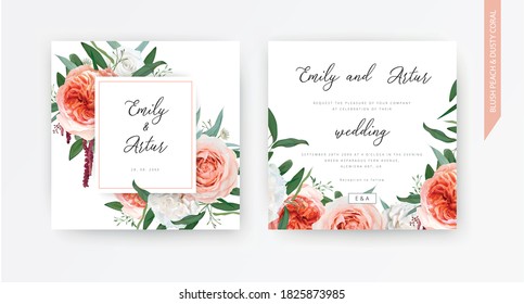Vector watercolor wedding floral invite, invitation design: blush peach, ivory white roses, pale coral Juliette flowers, burgundy amaranth, eucalyptus greenery leaves wreath. Trendy & stylish template
