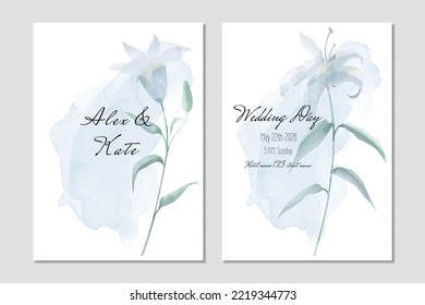 Vector watercolor wedding invitation template with blue lilies