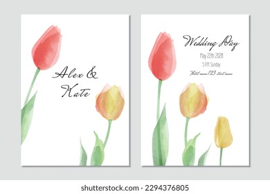 Vector watercolor wedding invitation template with colourful tulips