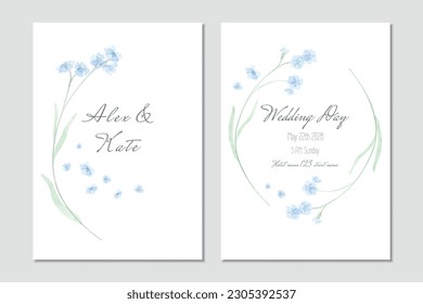 Vector watercolor wedding invitation template and blue forget  me  nots