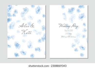 Vector watercolor wedding invitation template with blue forget-me-not background