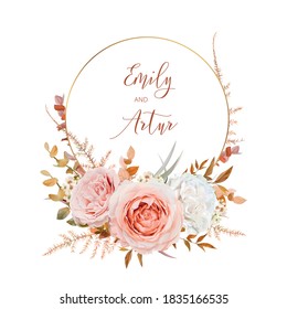 Vector watercolor wedding invite card design. Blush peach, ivory white Rose, wax flowers, autumn beige, burnt orange Eucalyptus branches foliage, fern leaves bouquet wreath & luxury golden round frame