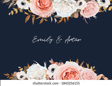 Vector watercolor wedding invite, save the date card design. Blush peach, pink, ivory white Rose, anemone flowers, beige, brown, orange Eucalyptus leaves bouquet. Stylish frame on navy blue background