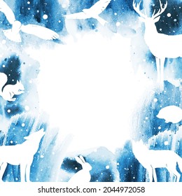 Vector watercolor winter nature template. Hand drawn frame with deer, bird, forest and place for text or illustration. Watercolor blue landscape. All elements, textures are individual objects