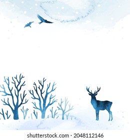 Vector watercolor winter nature template. Hand drawn frame with deer, bird, forest and place for text or illustration. Watercolor blue landscape. All elements, textures are individual objects