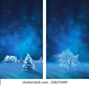 Vector Watercolor Winter Night Banners with snow-covered forest, fir tree