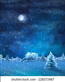 Vector Watercolor Winter Night Landscape and snow  covered forest  fir tree  text