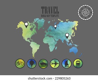 Vector watercolor world map, web and mobile template. Corporate website design. Web media backdrop. Travel. Background. New design website travel icons template.