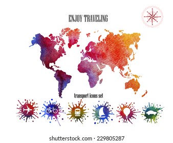 Vector watercolor world map, web and mobile template. Corporate website design. Web media backdrop. Travel. Background. New design website travel icons template.