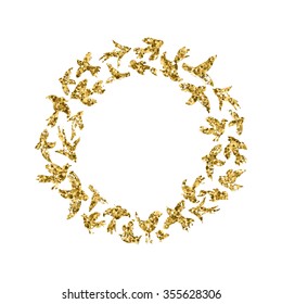 Vector watercolor wreath from birds silhouettes. Flying ink birds in a circle shape. Ornament from crows, doves, swallows, sparrows, parrots. Wedding background.