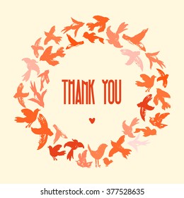 Vector watercolor wreath from birds silhouettes. Flying ink birds in a circle shape. Ornament from crows, doves, swallows, sparrows, parrots. Wedding background. Thank you.