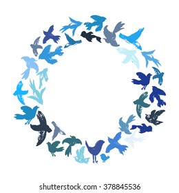 Vector watercolor wreath from birds silhouettes. Flying ink birds in a circle shape. Ornament from crows, doves, swallows, sparrows, parrots. Wedding background.