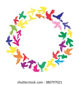 Vector watercolor wreath from birds silhouettes. Flying ink birds in a circle shape. Ornament from crows, doves, swallows, sparrows, parrots. Wedding background.