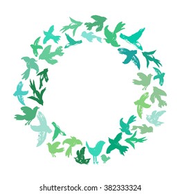 Vector watercolor wreath from birds silhouettes. Flying ink birds in a circle shape. Ornament from crows, doves, swallows, sparrows, parrots. Wedding background.