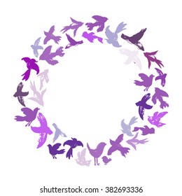 Vector watercolor wreath from birds silhouettes. Flying ink birds in a circle shape. Ornament from crows, doves, swallows, sparrows, parrots. Wedding background.