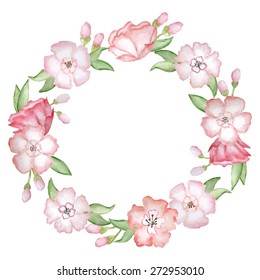 Vector watercolor wreath with pink decorative flowers. Template for wedding invitation and save the date cards.