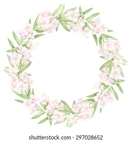 Vector watercolor wreath with pink flowers and leaves. Template for wedding invitation and save the date cards.