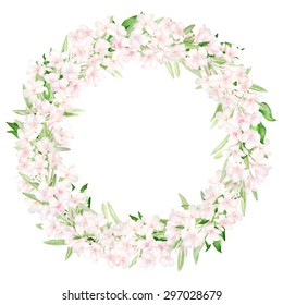 Vector watercolor wreath with pink flowers and leaves. Template for wedding invitation and save the date cards.