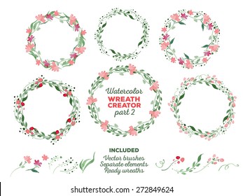 Vector watercolor wreaths and separate floral elements for custom wreaths creation. Ready-to-use illustrator brushes included. Great for wedding invitations, Mothers day cards, page decoration.