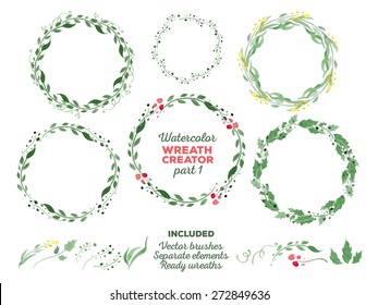 Vector watercolor wreaths and separate floral elements for custom wreaths creation. Ready-to-use illustrator brushes included. Great for wedding invitations, Mothers day cards, page decoration.