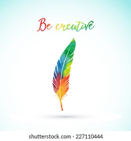 Vector watercolor writing feather. Colorful vector feather. Watercolor silhouette of feather