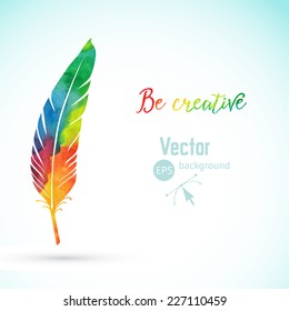 Vector watercolor writing feather. Colorful vector feather. Watercolor silhouette of feather